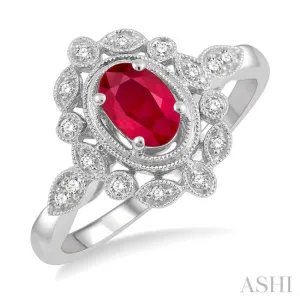 1/8 ctw Cutwork Reverse Taper Shank Round Cut Diamond & 6x4MM Oval Cut Ruby Precious Ring in 10K White Gold