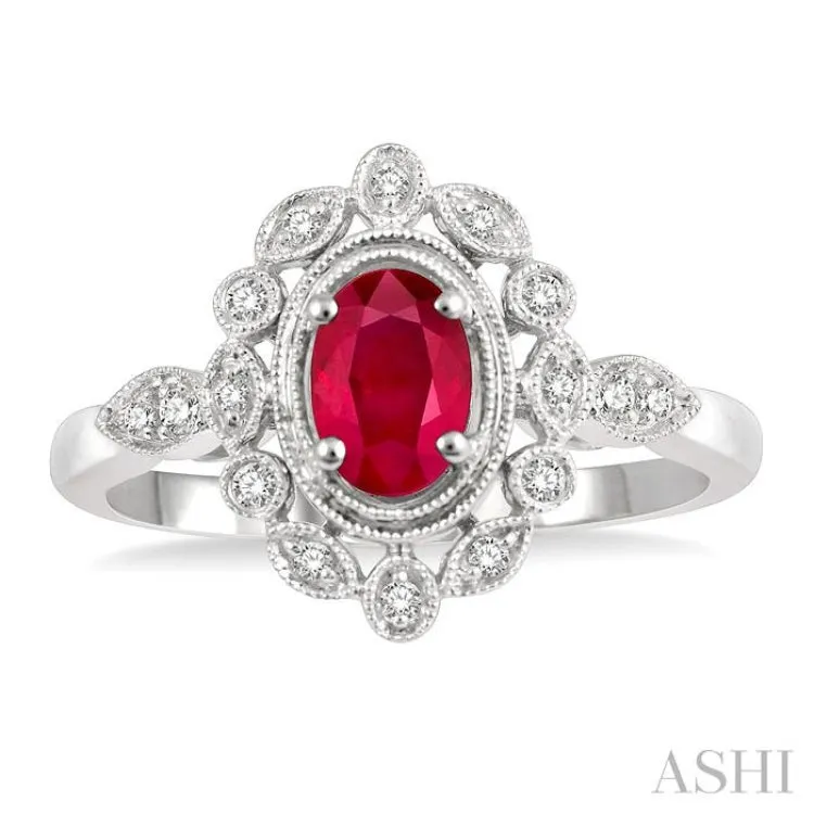 1/8 Ctw Lattice Reverse Taper Shank Round Cut Diamond & 6x4 MM Oval Cut Ruby Precious Ring in 10K White Gold