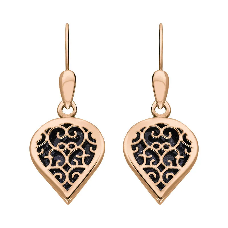 18ct Rose Gold Blue Goldstone Flore Filigree Heart Drop Earrings