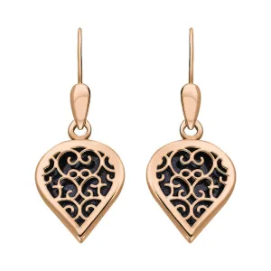 18ct Rose Gold Blue Goldstone Flore Filigree Heart Drop Earrings