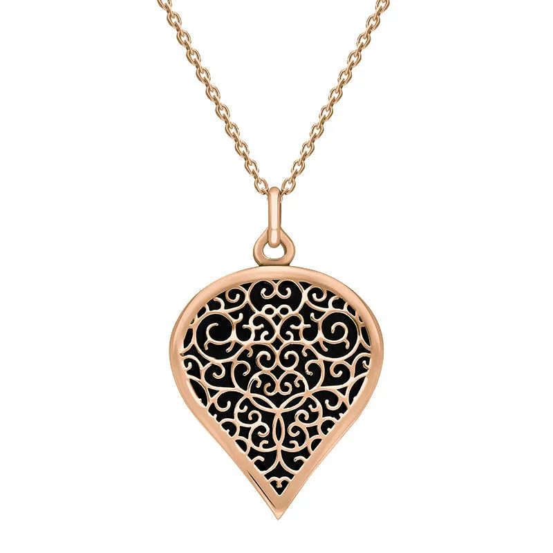 18ct Rose Gold Whitby Jet Flore Filigree Large Heart Necklace