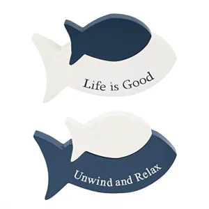 2 Connecting Wood Block Fish with Sayings 6.875 x 0.75 x 4.125