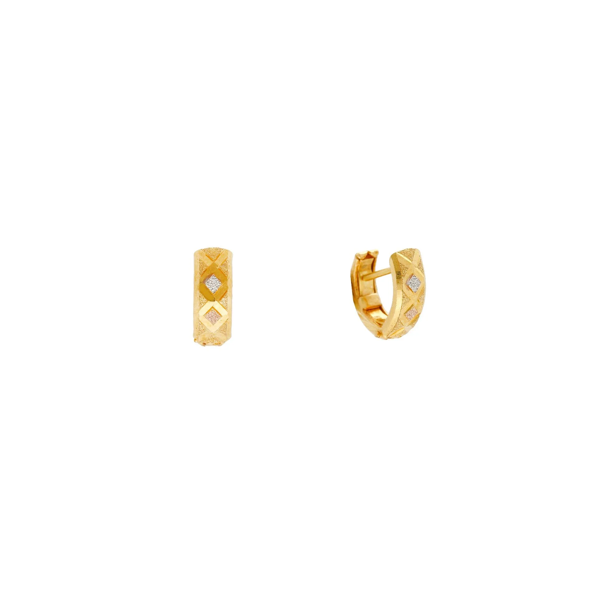 22K Multi Tone Huggies Earrings W/ Rhombus Etched Designs