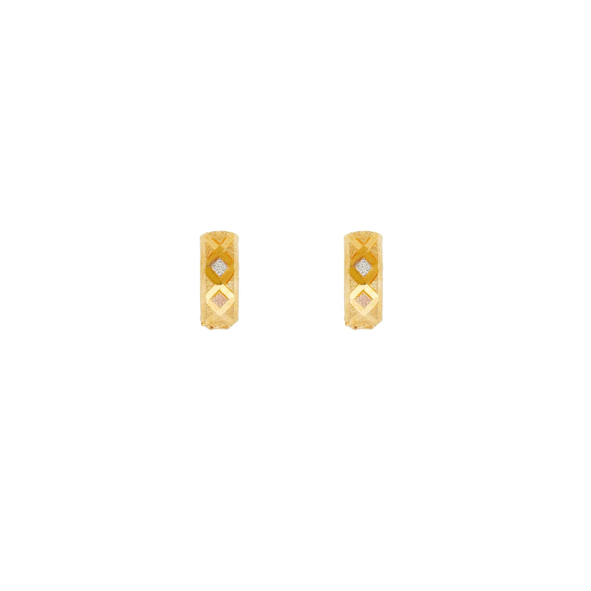 22K Multi Tone Huggies Earrings W/ Rhombus Etched Designs