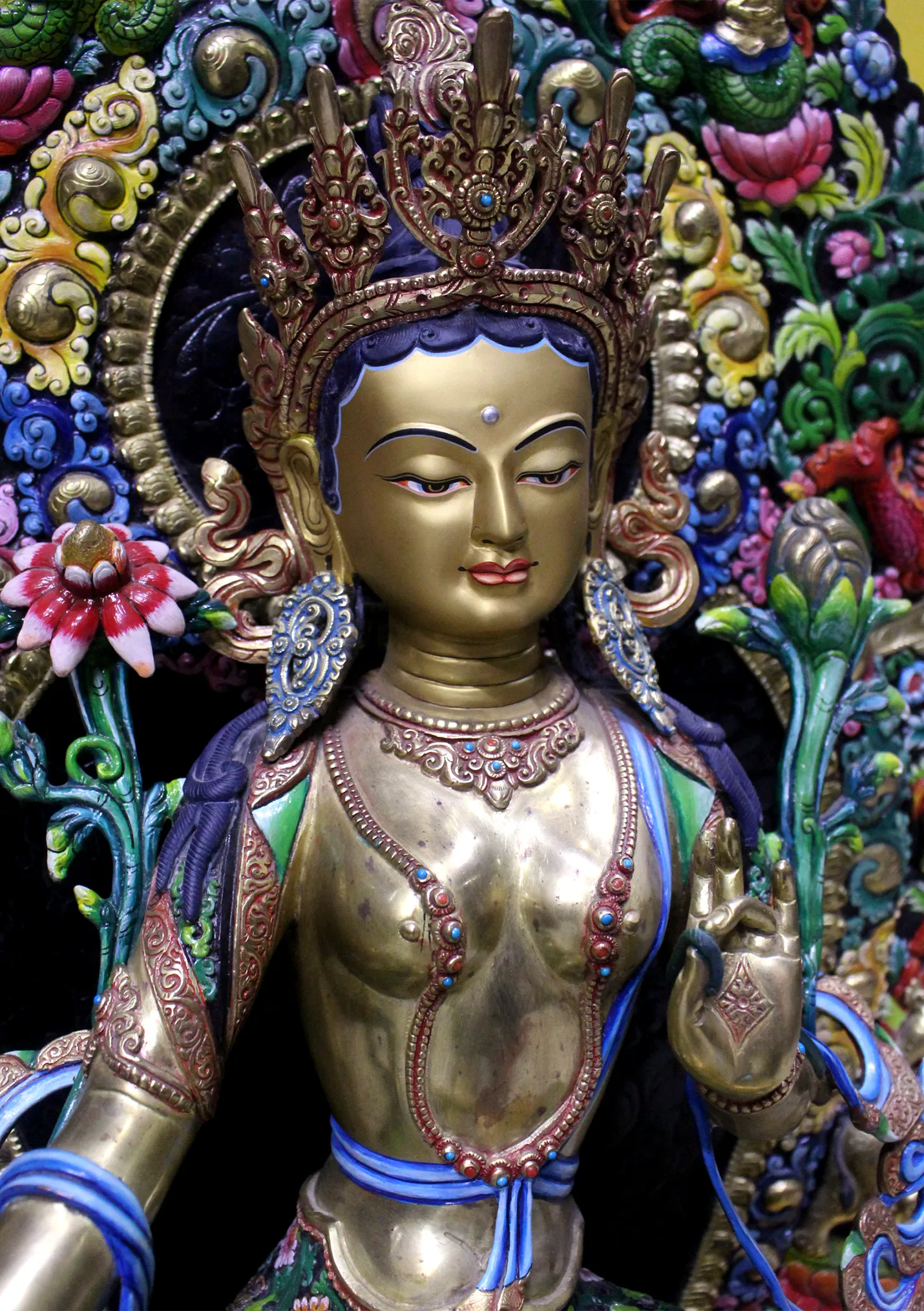 24K Gold Majestic Green Tara Hand Painted Sculpture 33" H