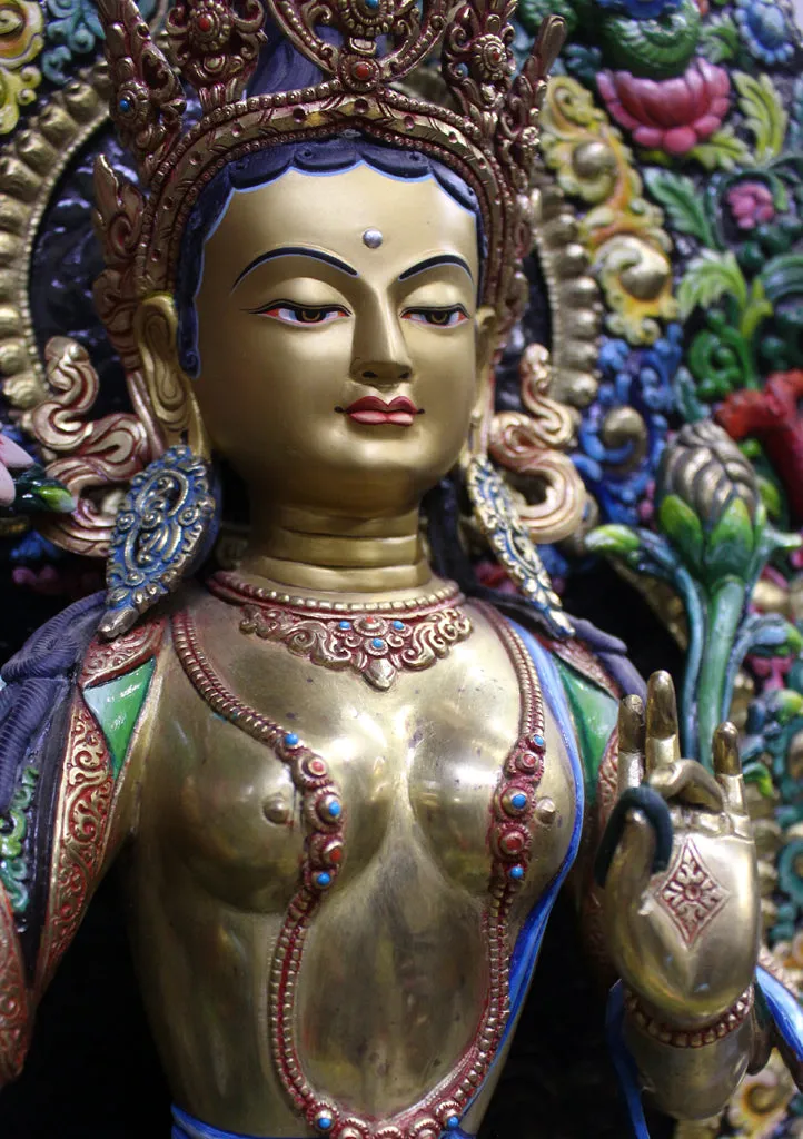 24K Gold Majestic Green Tara Hand Painted Sculpture 33" H