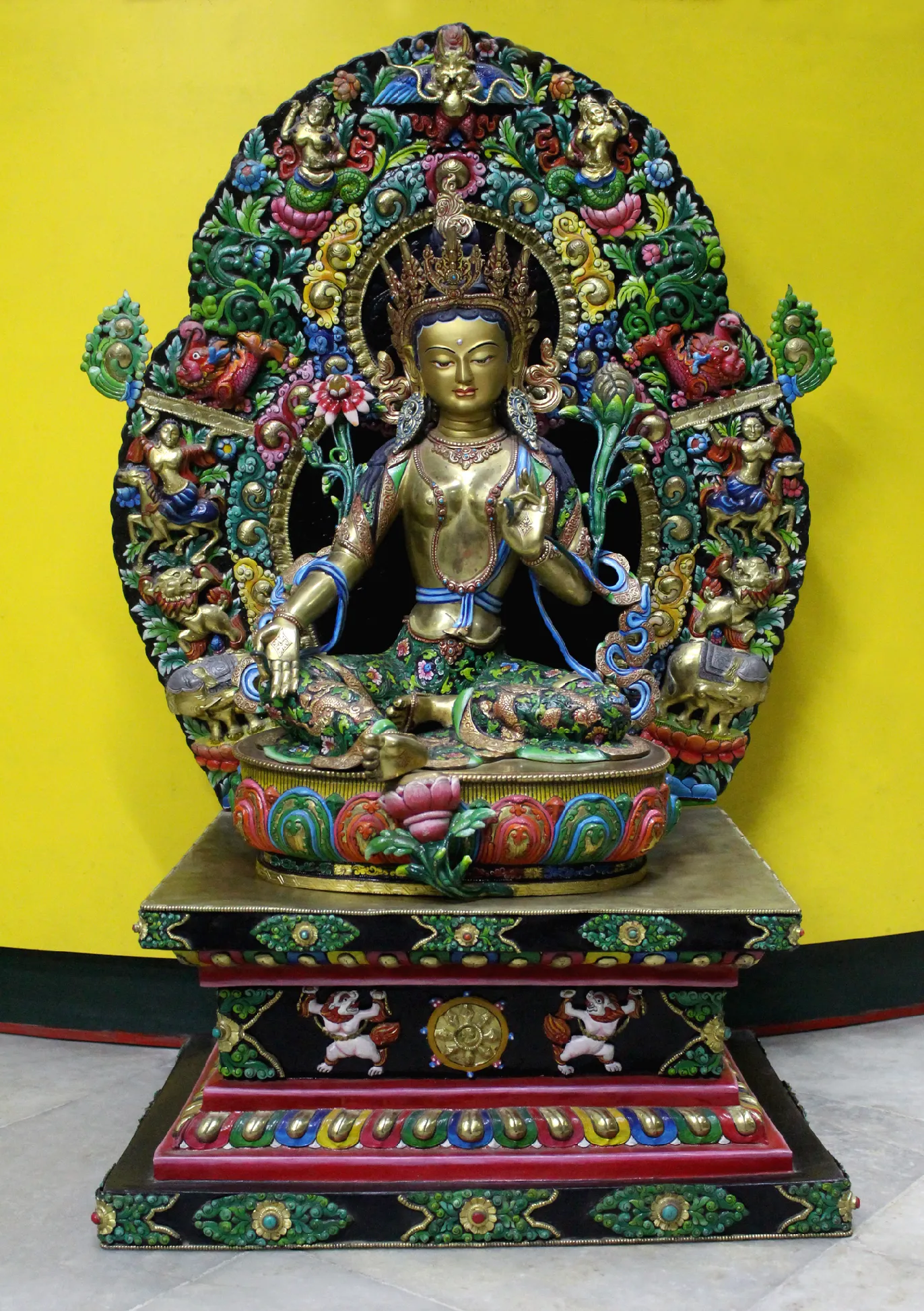 24K Gold Majestic Green Tara Hand Painted Sculpture 33" H