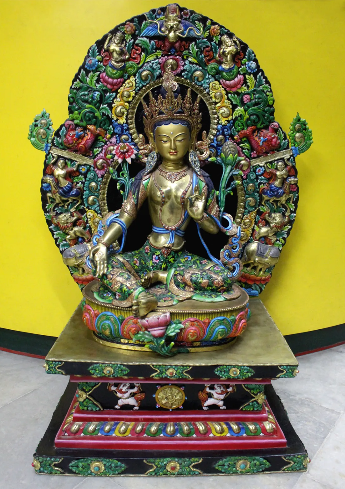 24K Gold Majestic Green Tara Hand Painted Sculpture 33" H