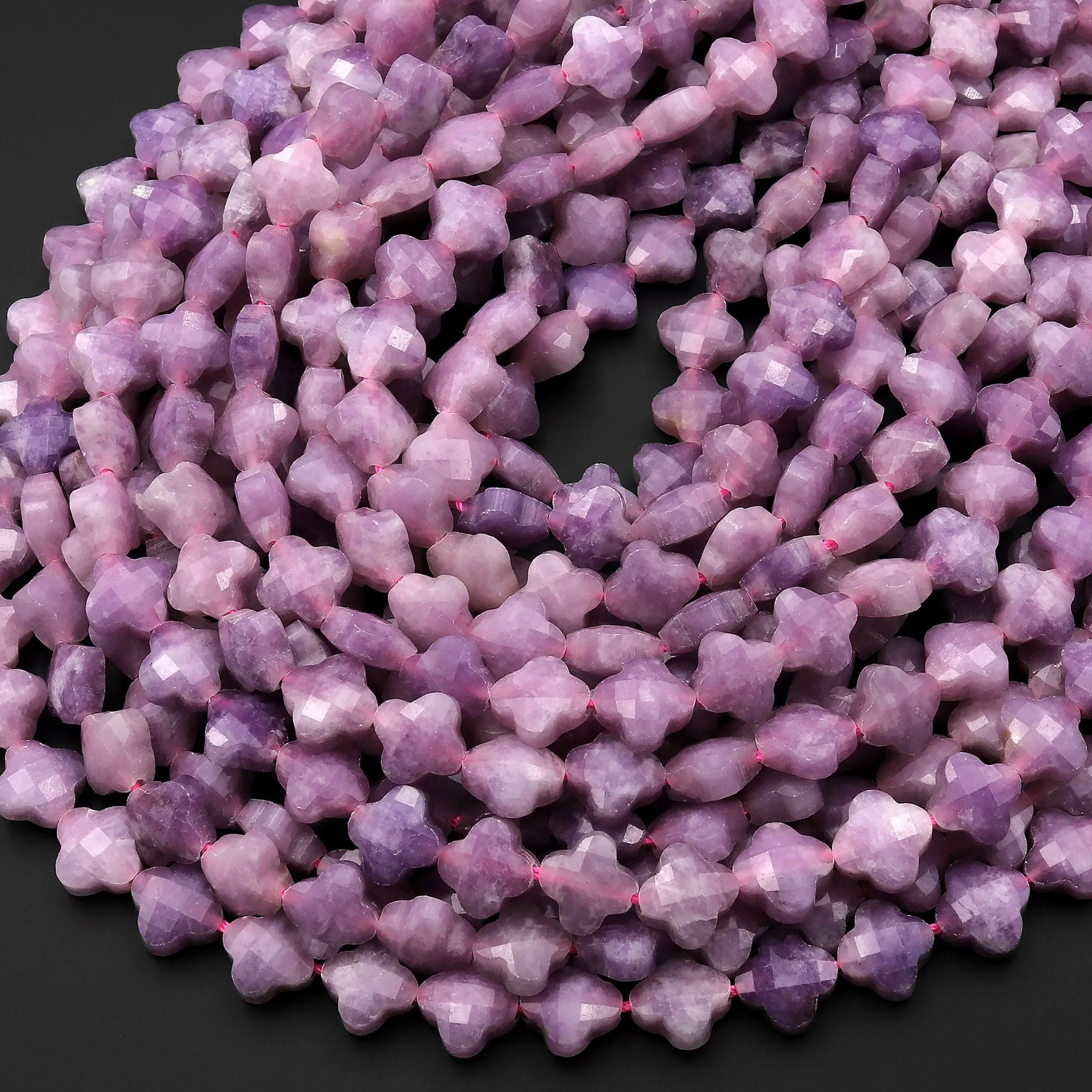 4 Four Leaf Clover Beads Natural Lilac Pink Purple Lepidolite Carved Faceted Flower Gemstone Strand