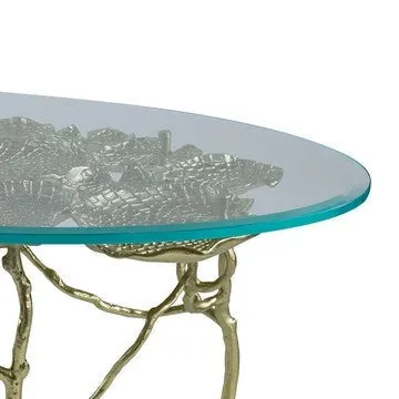 47 Inch Artisanal Coffee Table with Metal Frame, Oval Clear Glass Top, Gold By Casagear Home