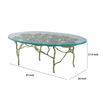 47 Inch Artisanal Coffee Table with Metal Frame, Oval Clear Glass Top, Gold By Casagear Home