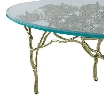 47 Inch Artisanal Coffee Table with Metal Frame, Oval Clear Glass Top, Gold By Casagear Home