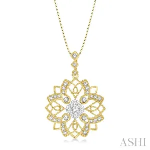 5/8 ctw Floral Lattice Two Tone Cushion Shape Center Lovebright Round Cut Diamond Pendant With Chain in 14K Yellow and White Gold