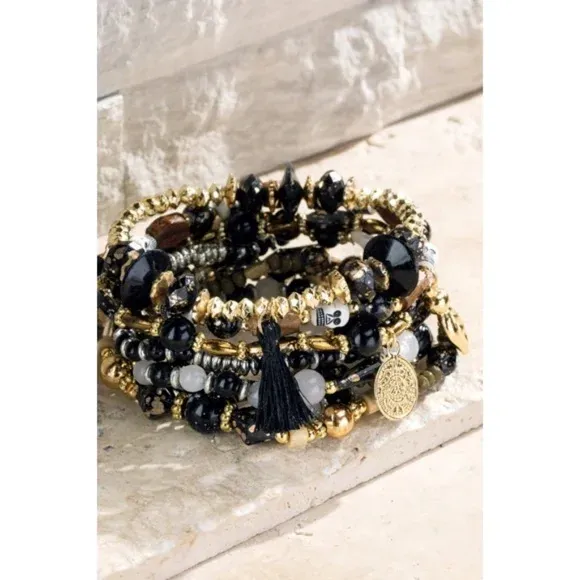 9-in-1 Skull Charms Beads Multi Crystal Glass Metal Layered Stretch Bracelet Set