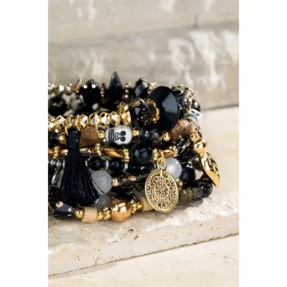 9-in-1 Skull Charms Beads Multi Crystal Glass Metal Layered Stretch Bracelet Set