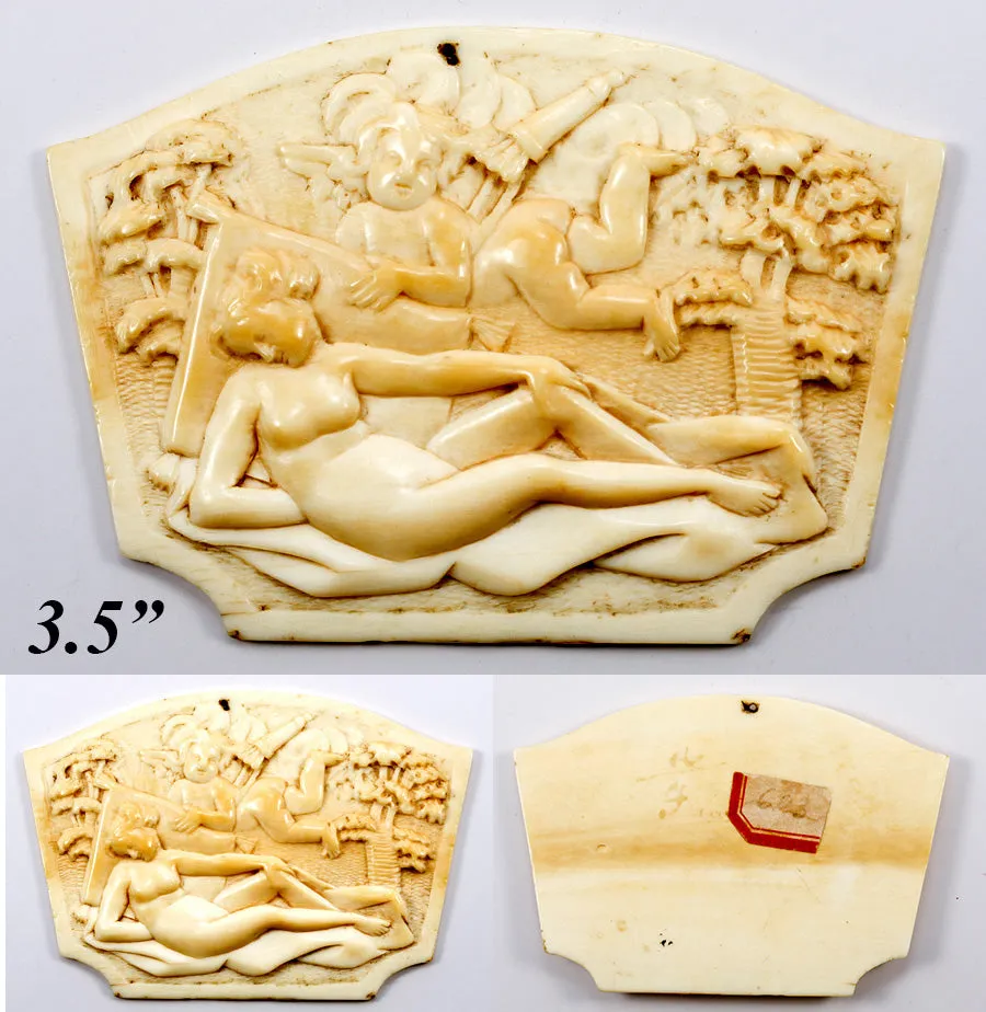 Antique French Hand Carved Dieppe Ivory Plaque, Possibly Purse Side, Psyche and Cupid Figural