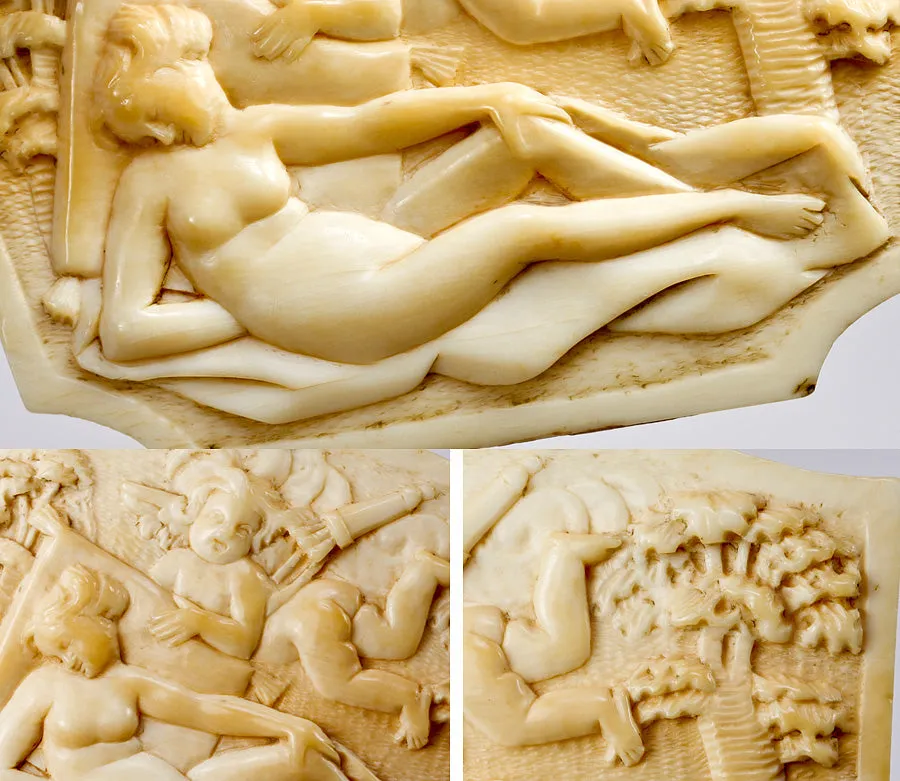 Antique French Hand Carved Dieppe Ivory Plaque, Possibly Purse Side, Psyche and Cupid Figural