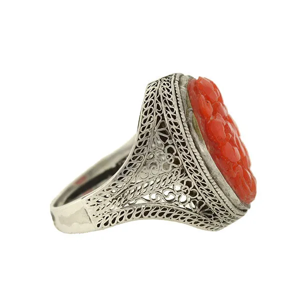 Art Deco Chinese Silver & Floral Carved Coral Filigree Ring