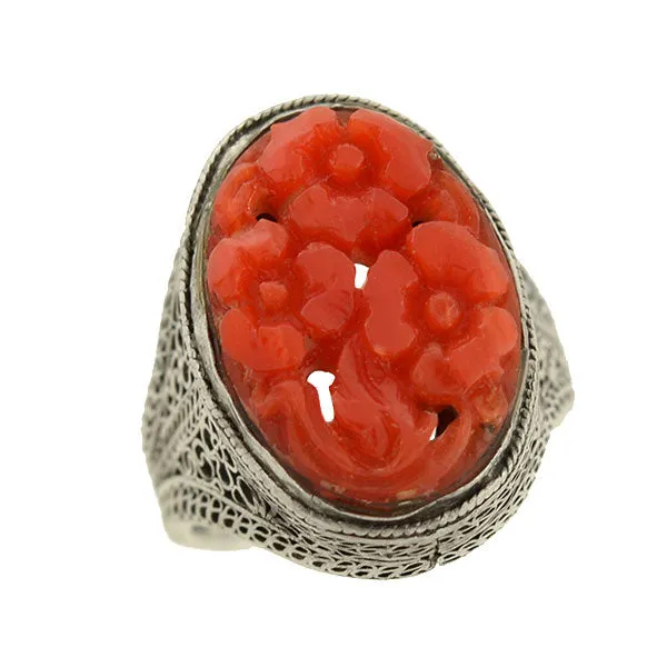 Art Deco Chinese Silver & Floral Carved Coral Filigree Ring