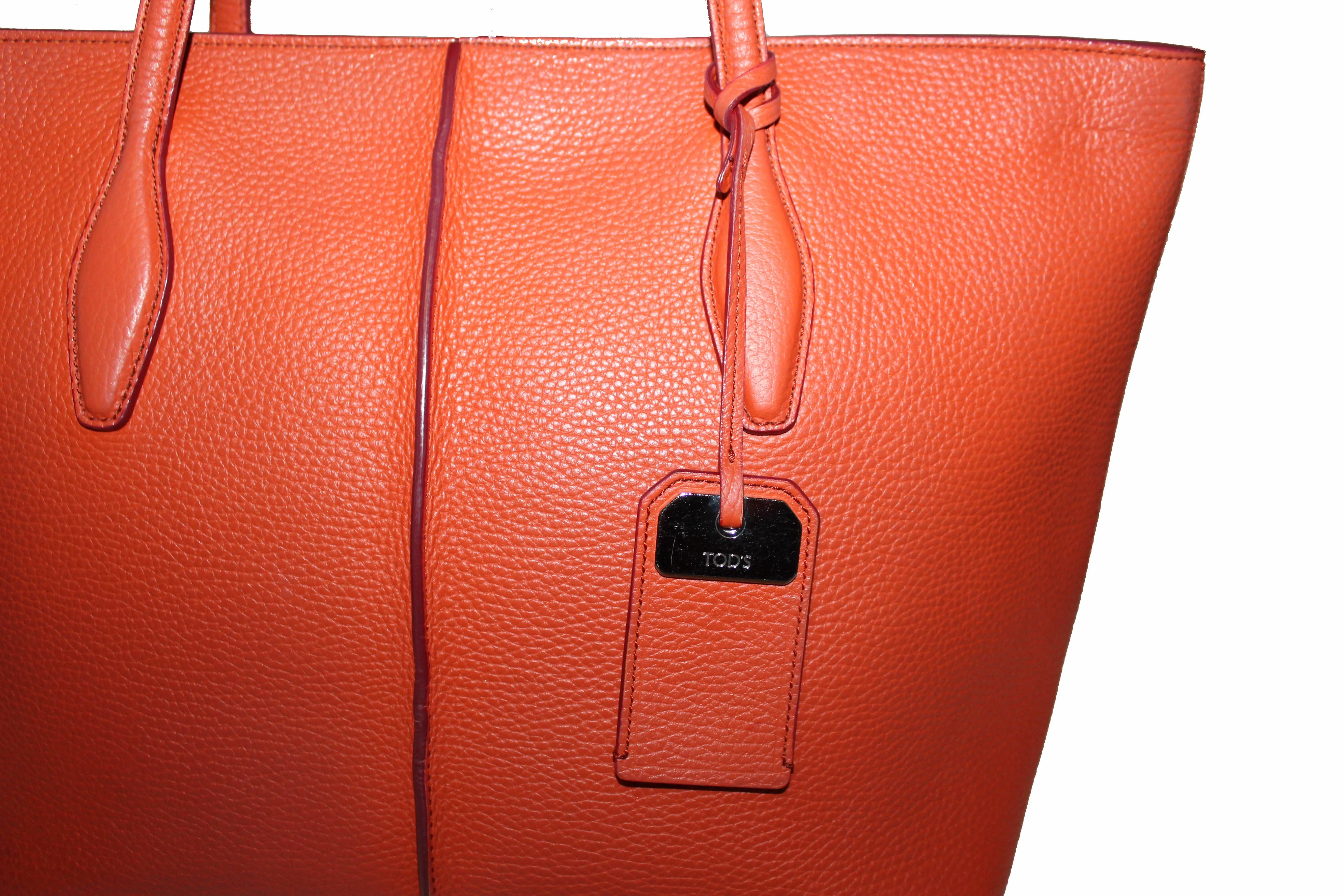 Authentic Tod's Orange Pebbled Leather Joy Shopping Tote Shoulder Bag