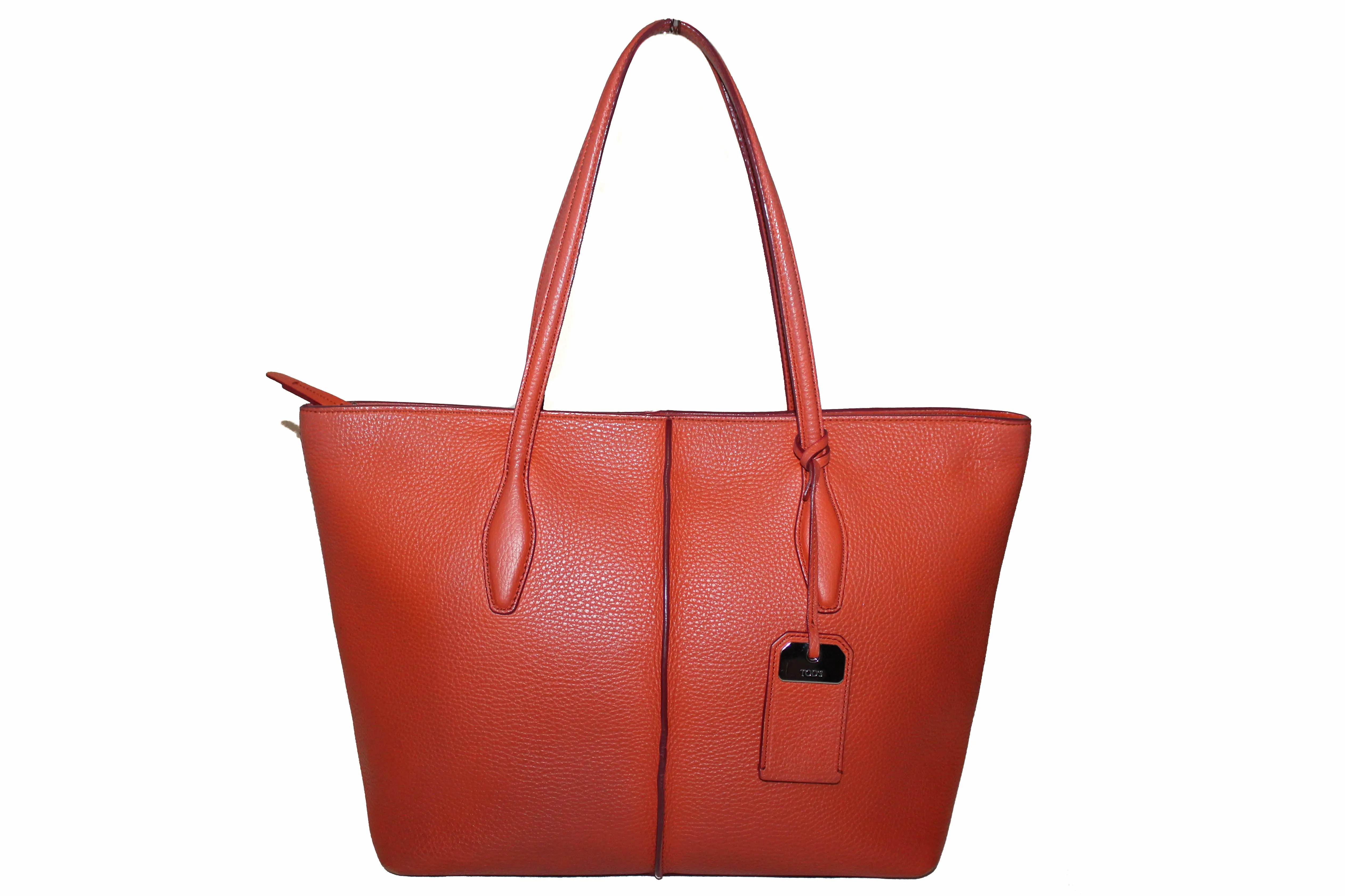 Authentic Tod's Orange Pebbled Leather Joy Shopping Tote Shoulder Bag