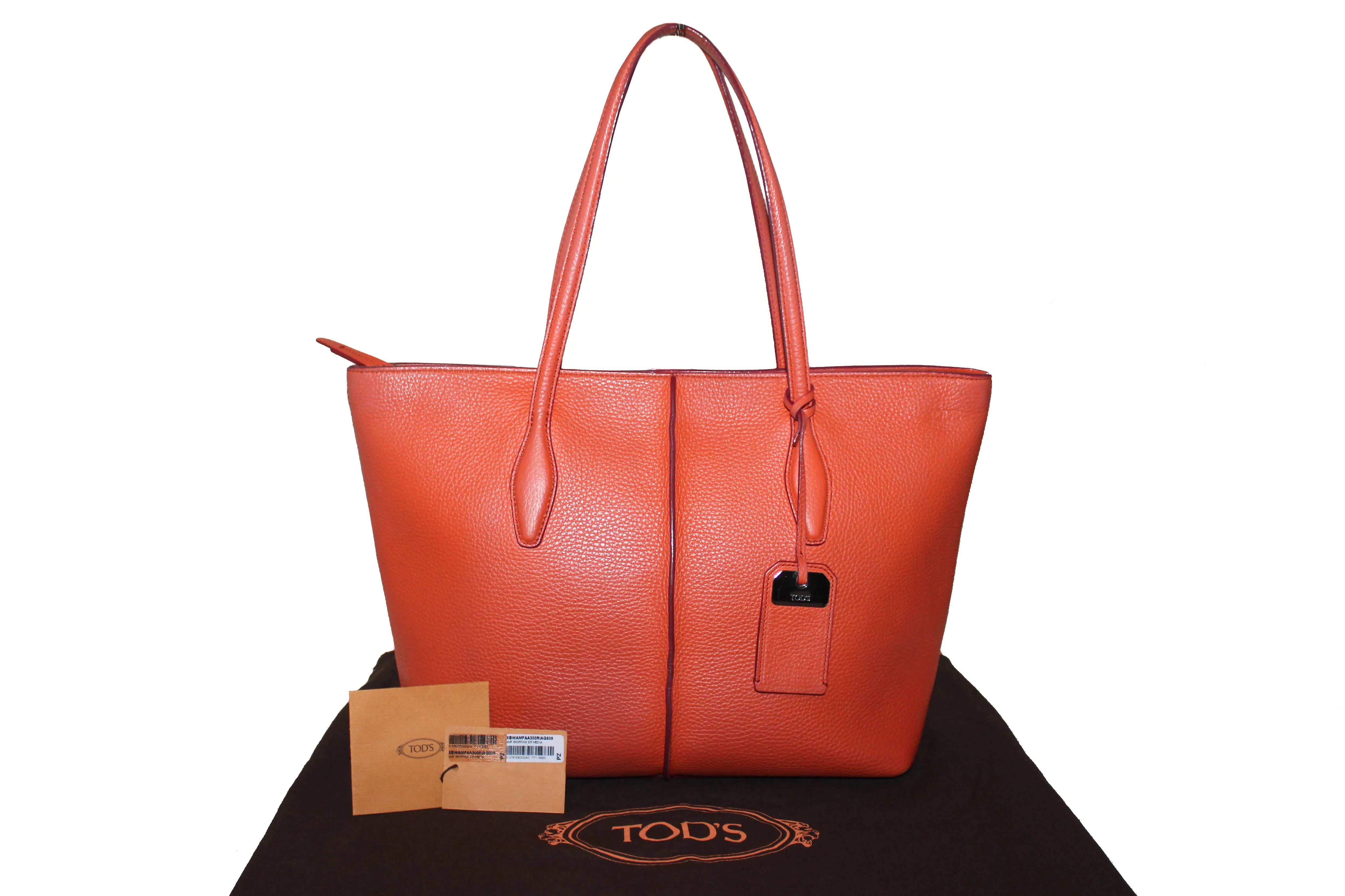 Authentic Tod's Orange Pebbled Leather Joy Shopping Tote Shoulder Bag