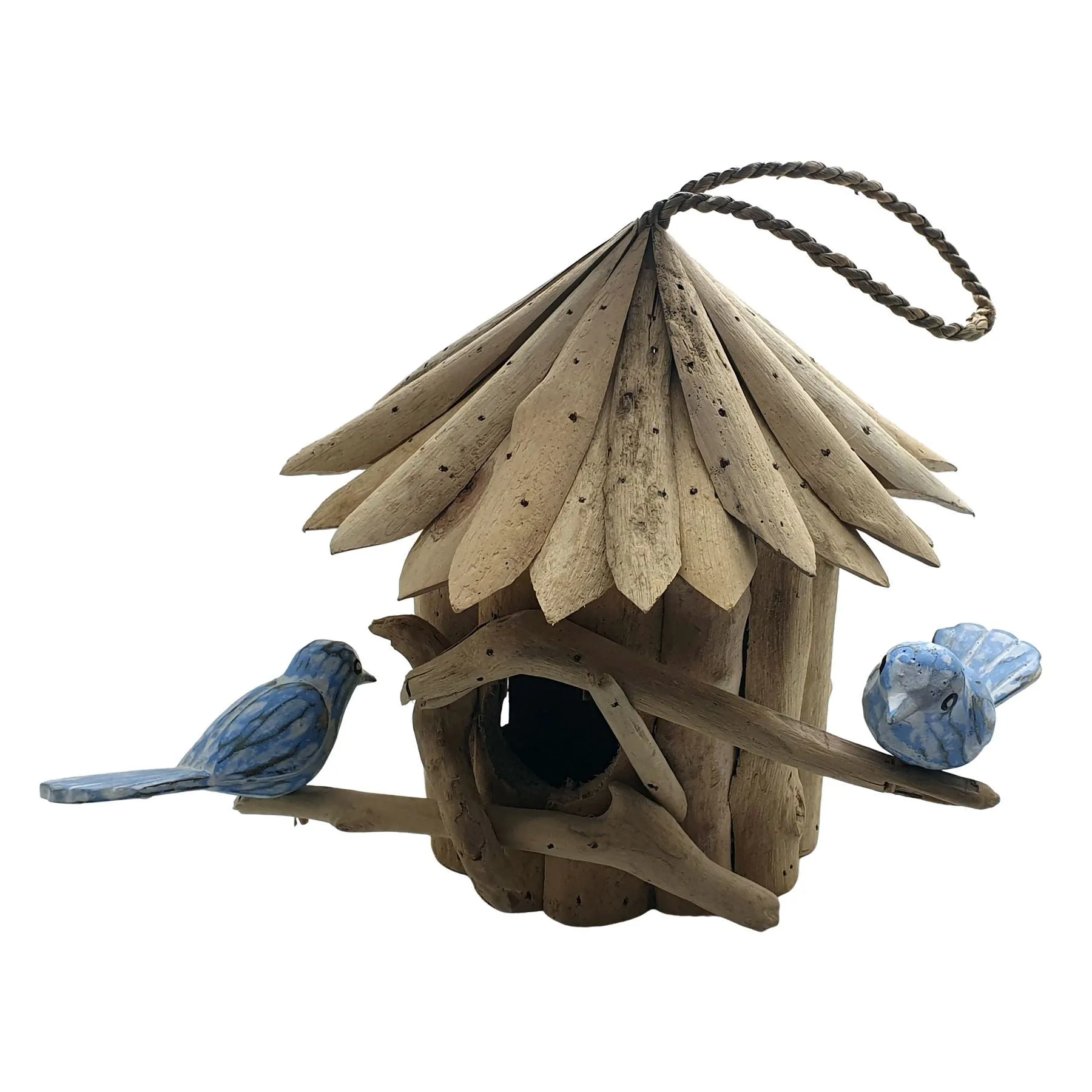 Bird House, Driftwood, Round with 2 Hand-Carved Birds, Approximately 30cm Hanging Height