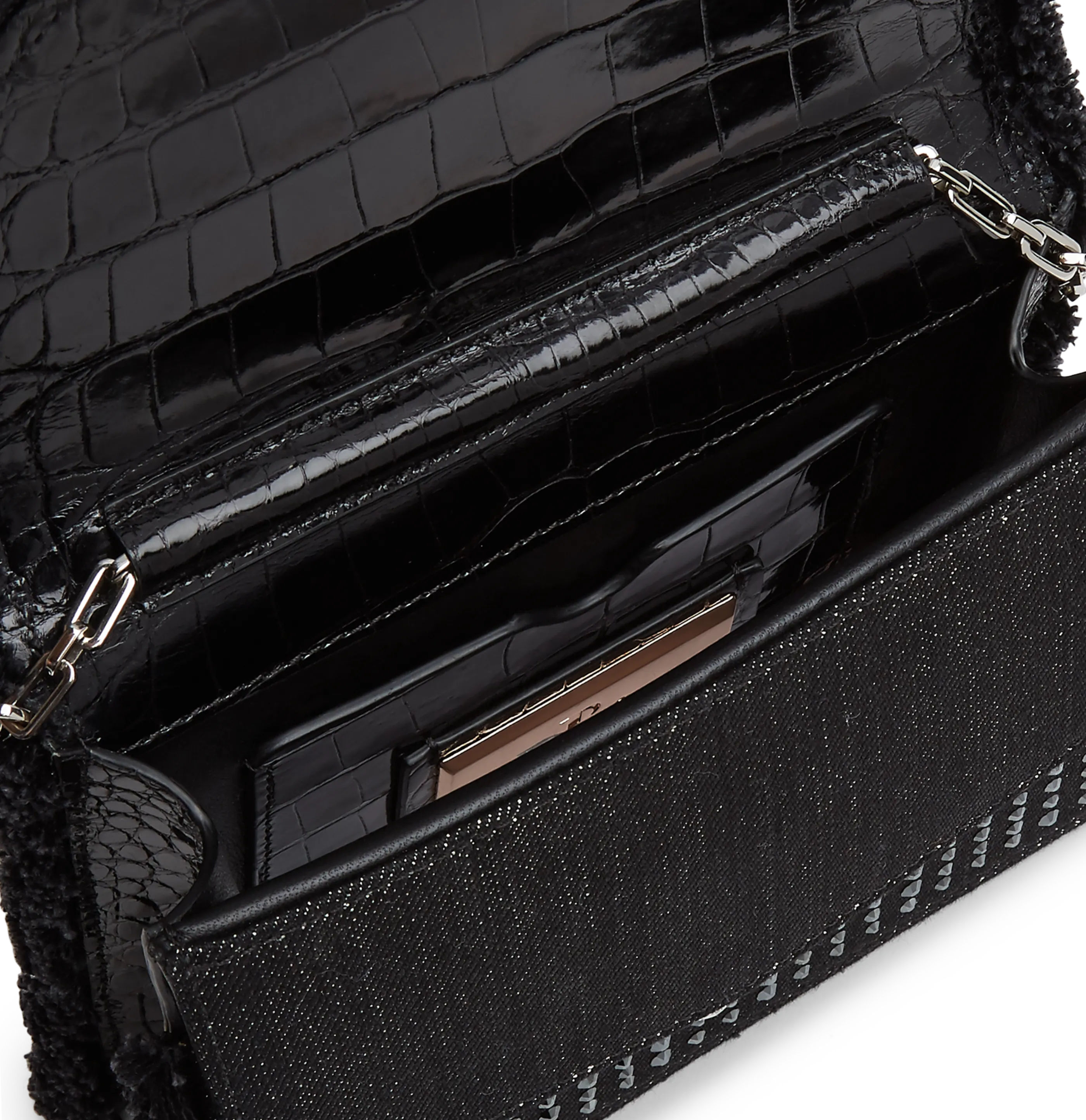 Black Embellished Denim and Alligator Alina Clutch