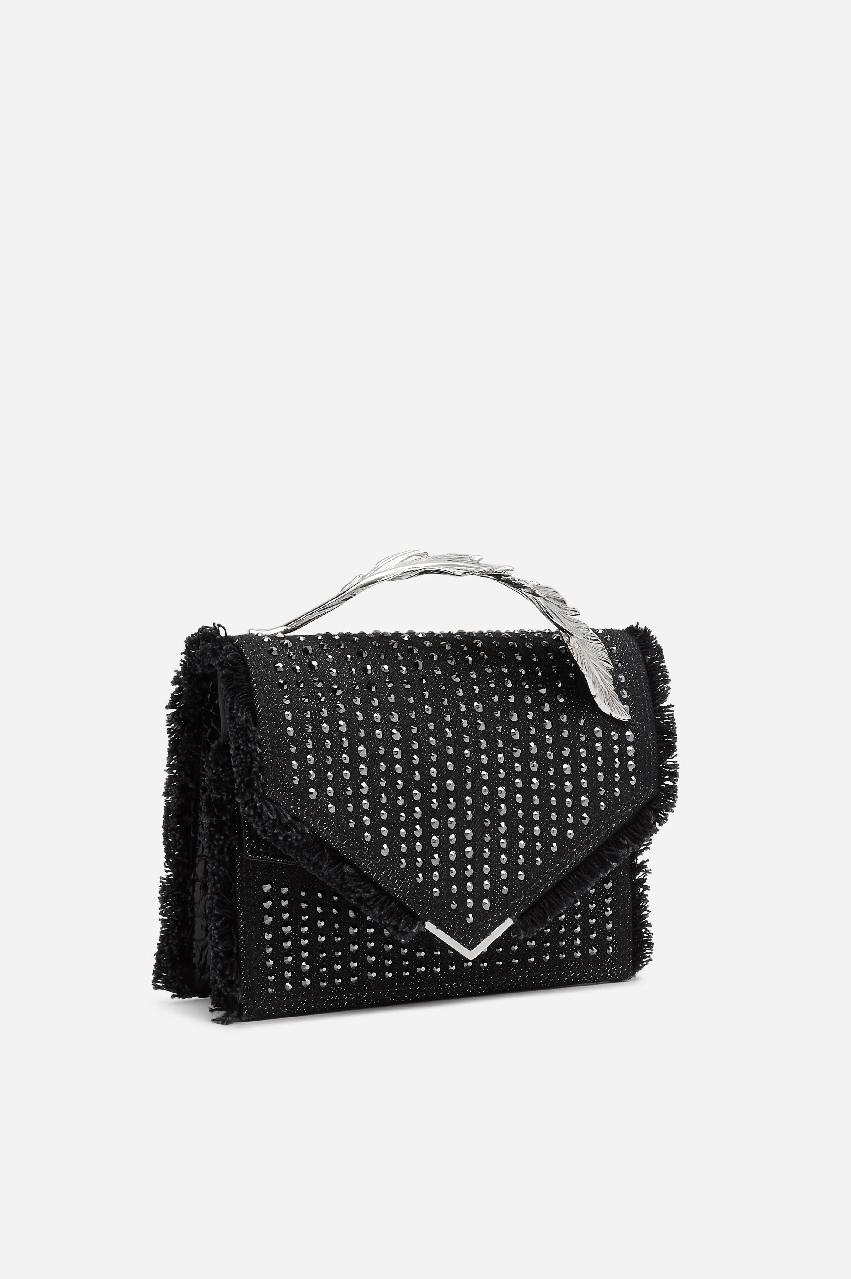 Black Embellished Denim and Alligator Alina Clutch