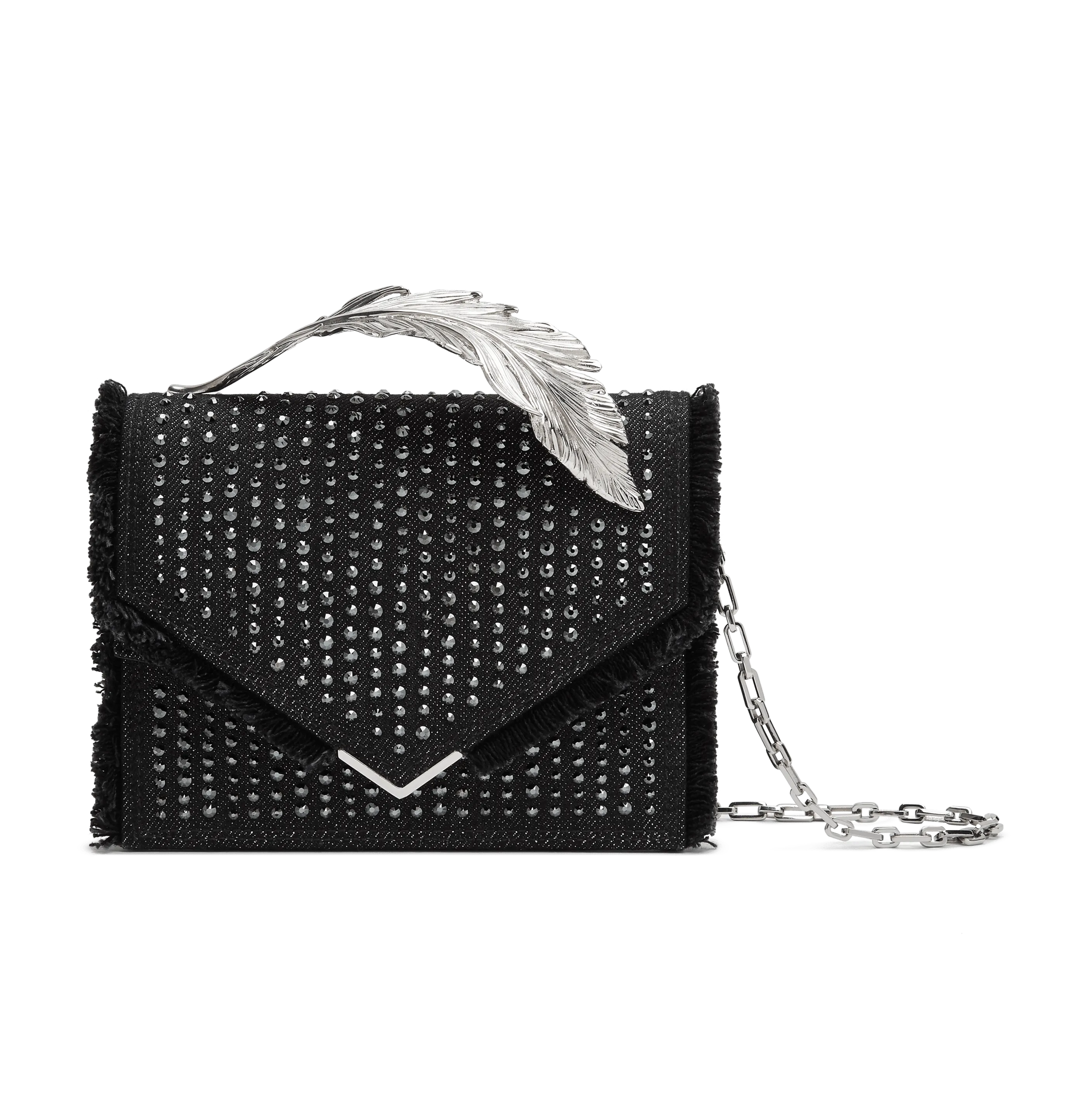 Black Embellished Denim and Alligator Alina Clutch