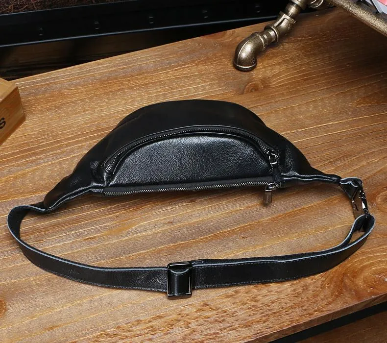 Black Leather Mens FANNY PACK MENS WAIST BAG Black HIP PACK BELT BAG FOR MEN