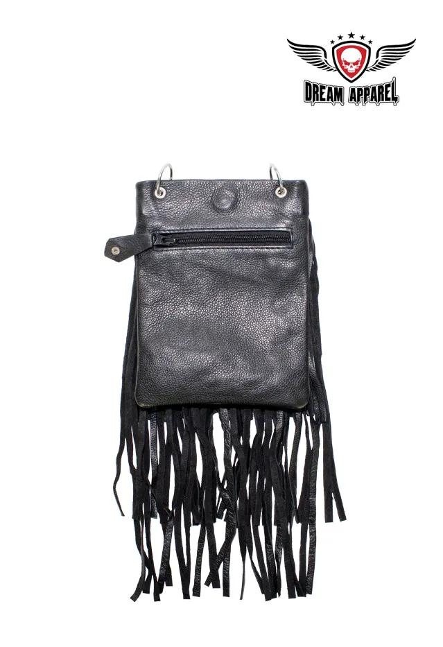 Black Naked Cowhide Leather Belt Bag w/ Chain and Fringe