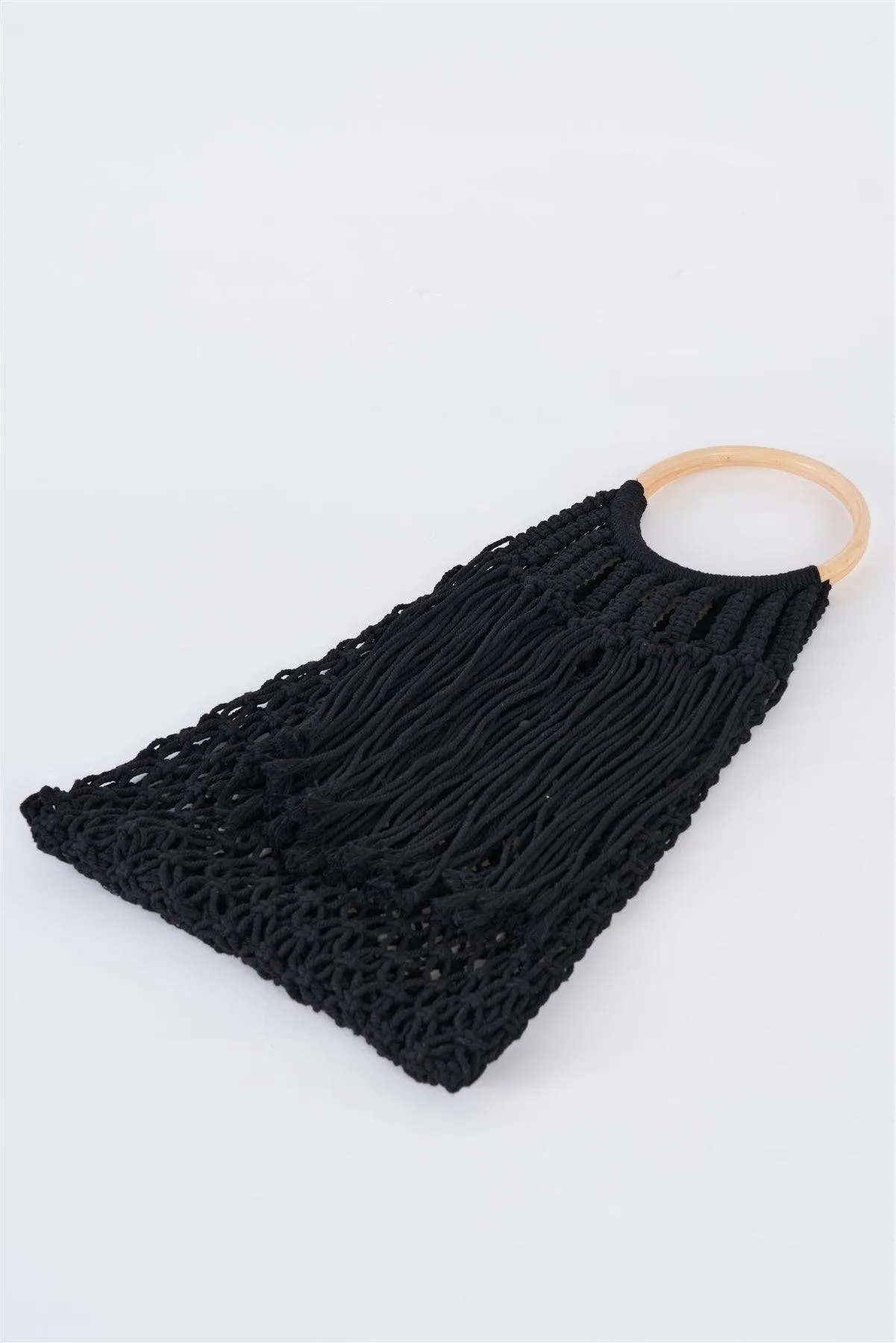 Black Net Front Cable Fringe Wooden Handle Bag /3 Bags