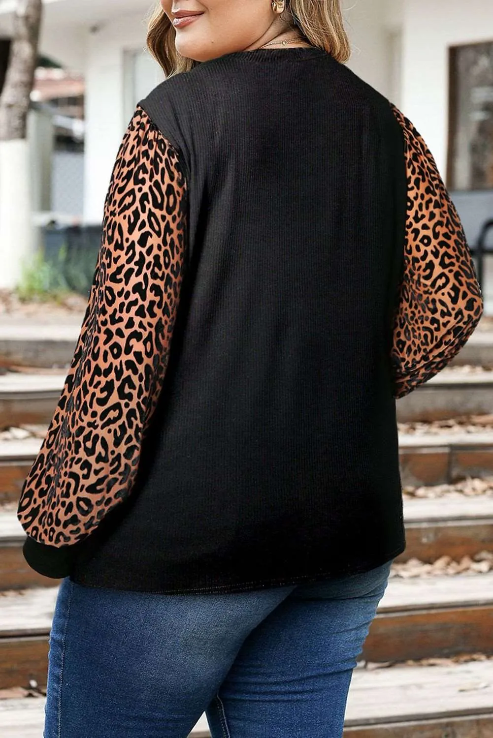 Black Plus Size Leopard Patchwork Mock Neck Top