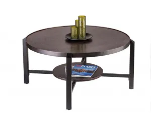 Black Round Coffee Table with Storage Shelf in Copper Finish Top