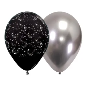 Black Sparkling Stars & Reflex Silver Balloons - 12 Pkt