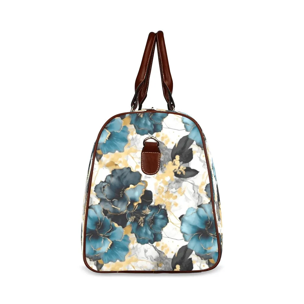 Blue & Gold Ink Floral Waterproof Travel Bag/Small (Model 1639)