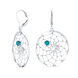 Blue Turquoise Dangle Gemstone Earrings with Lever Back and Dream Catcher Design