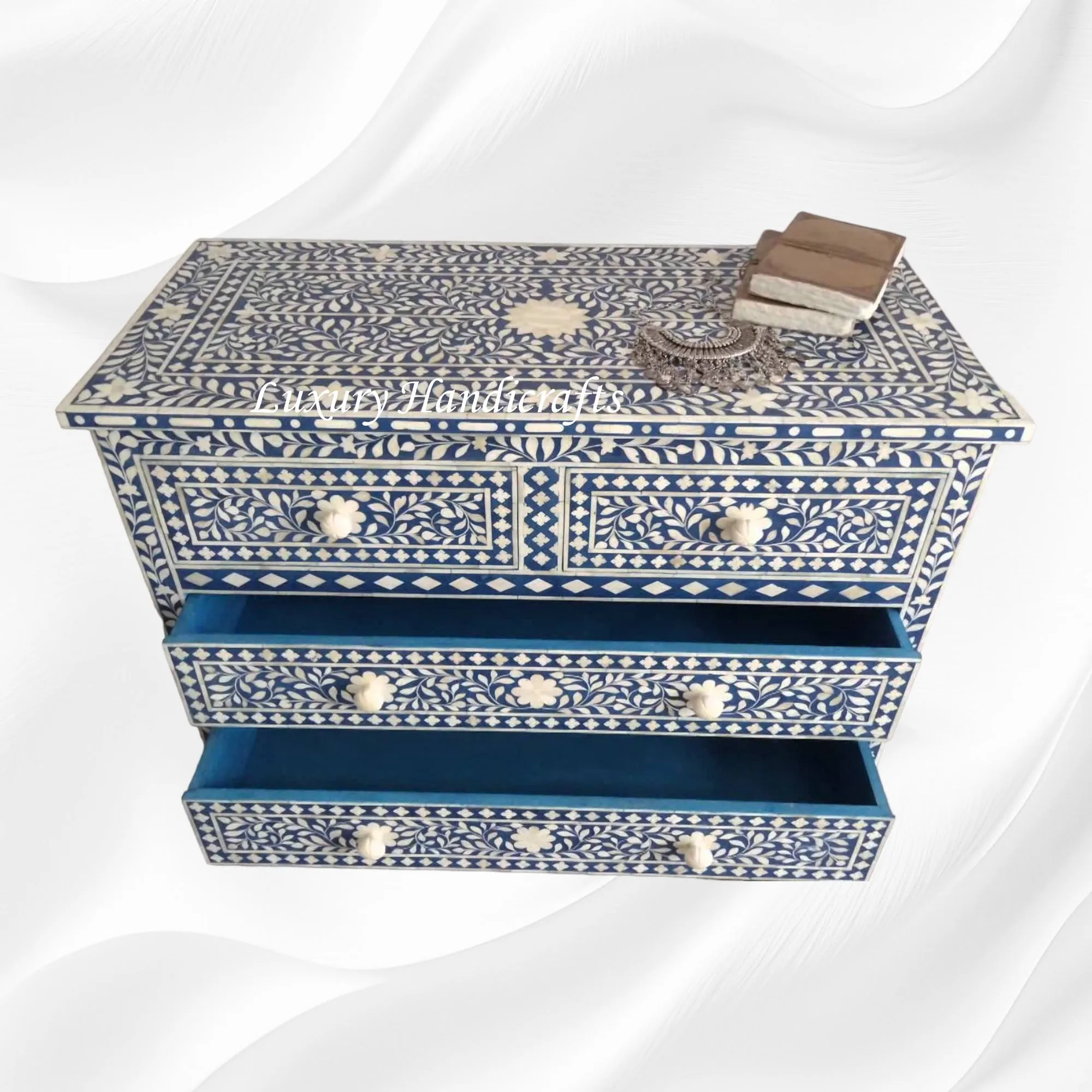 Bone Inlay Floral Chest Of 4 Drawer Blue