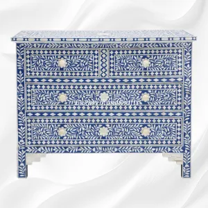 Bone Inlay Floral Chest Of 4 Drawer Blue