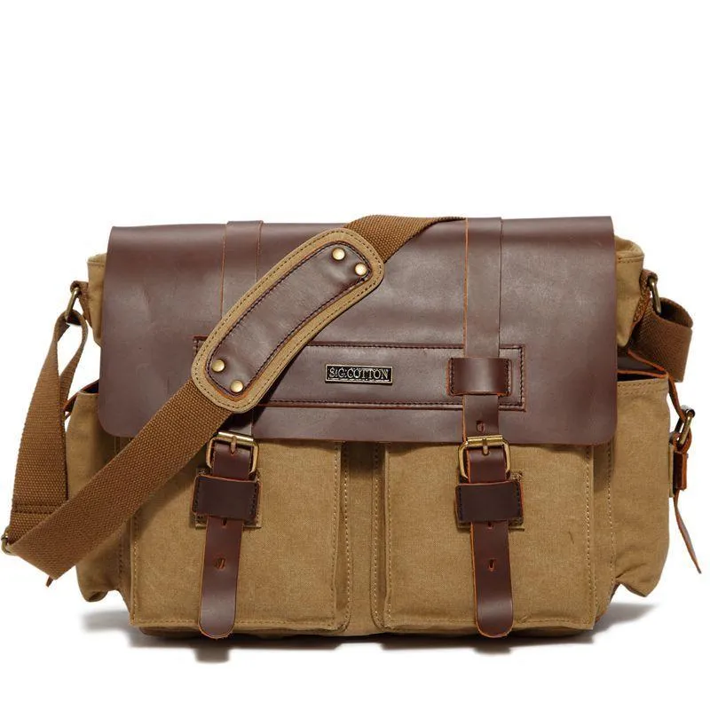 Canvas Leather Mens Vintage Khaki Travel Side Bag Green Messenger Bag Brown Courier Bag for Men