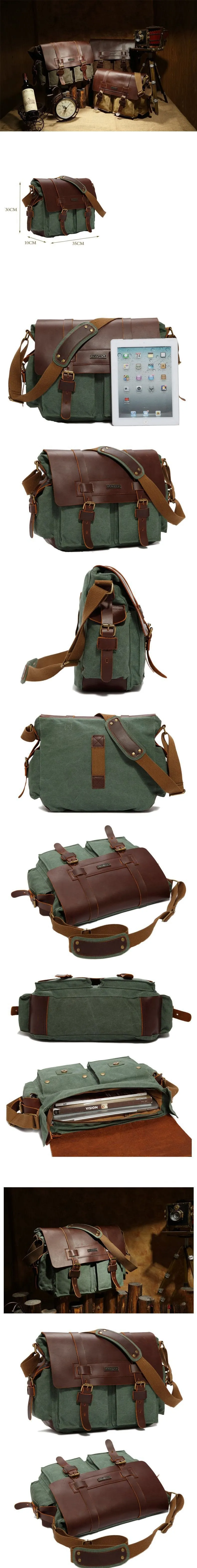 Canvas Leather Mens Vintage Khaki Travel Side Bag Green Messenger Bag Brown Courier Bag for Men