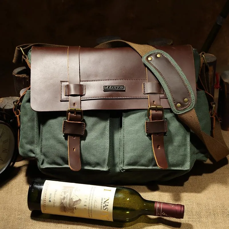 Canvas Leather Mens Vintage Khaki Travel Side Bag Green Messenger Bag Brown Courier Bag for Men