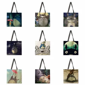 Cartoon anime linen shopping bag ladies backpack foldable shopping bag beach tote bag handbag large bag female bag