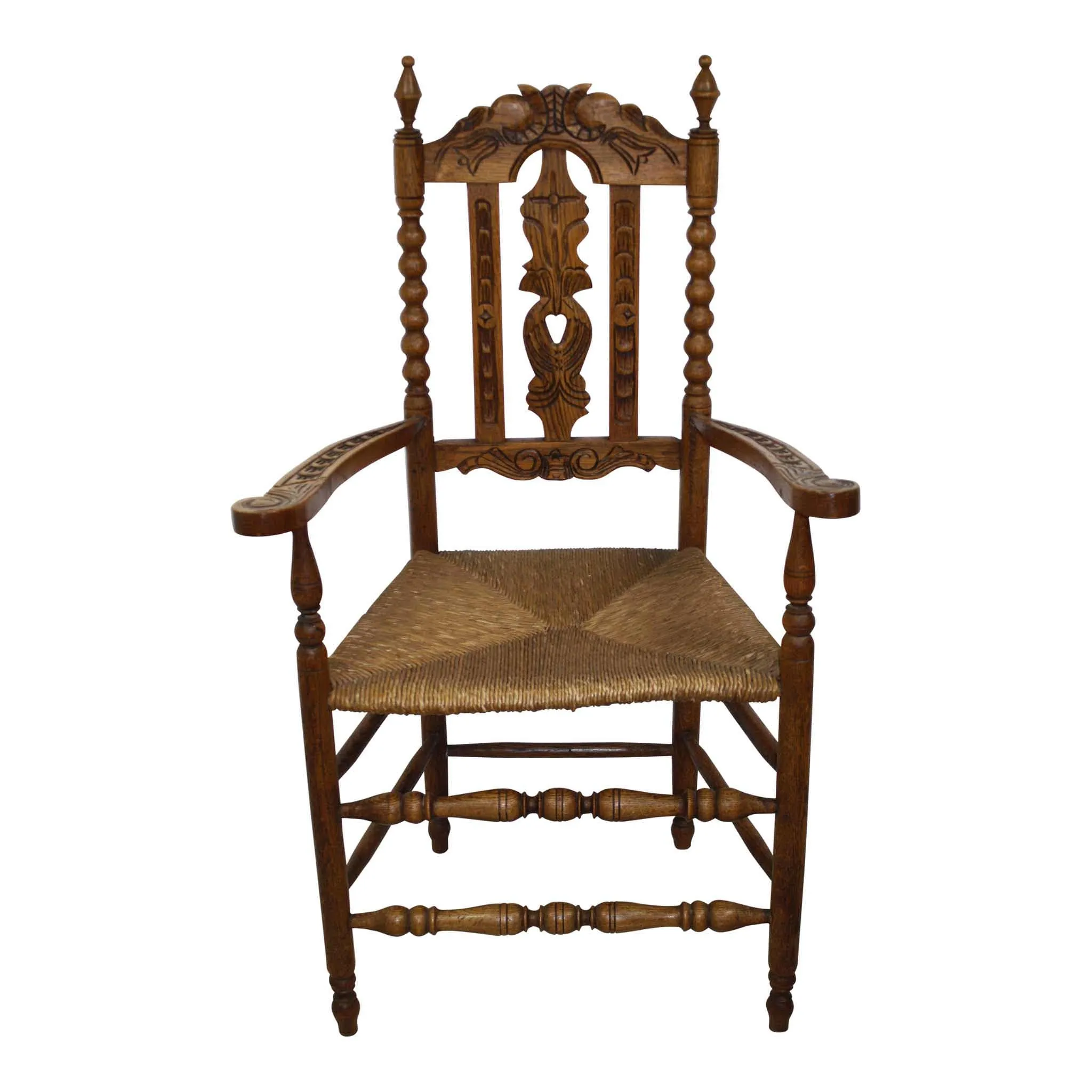 Carved Oak Armchair with Rush Seat