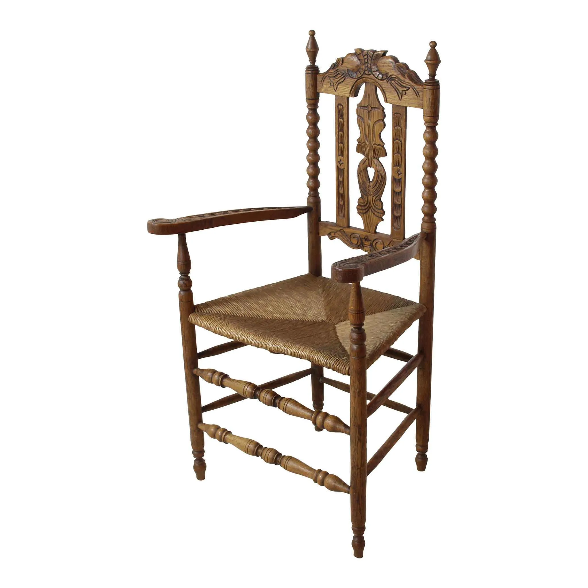 Carved Oak Armchair with Rush Seat