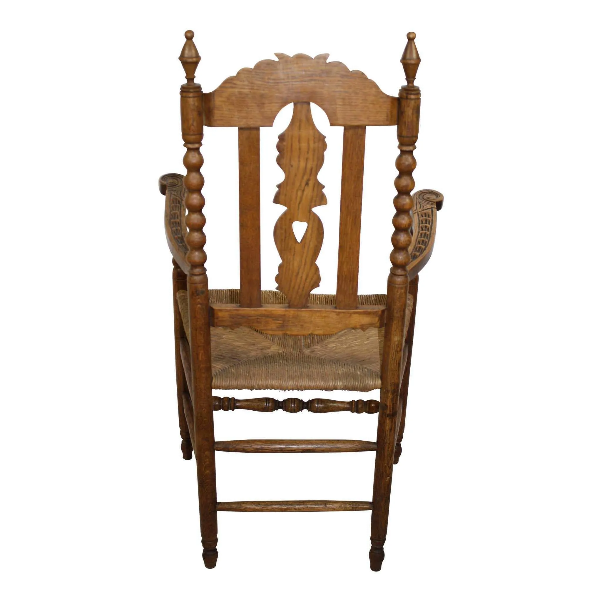 Carved Oak Armchair with Rush Seat