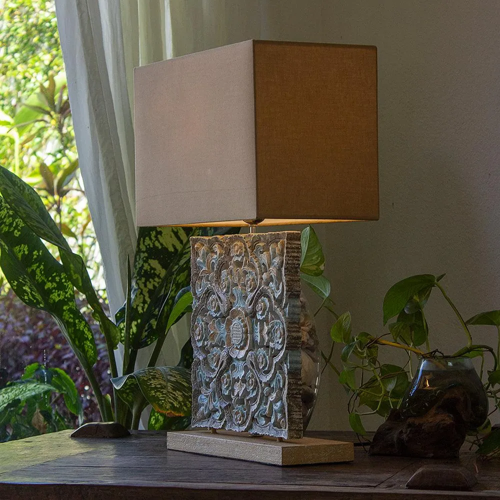 Carved Table Lamp 'Luwih' - Blue & Brown