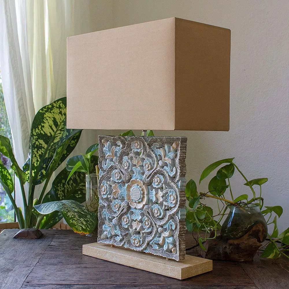 Carved Table Lamp 'Luwih' - Blue & Brown