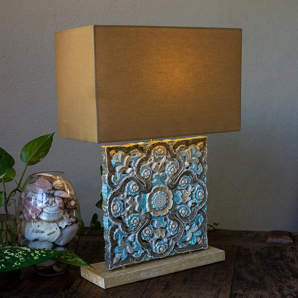 Carved Table Lamp 'Luwih' - Blue & Brown